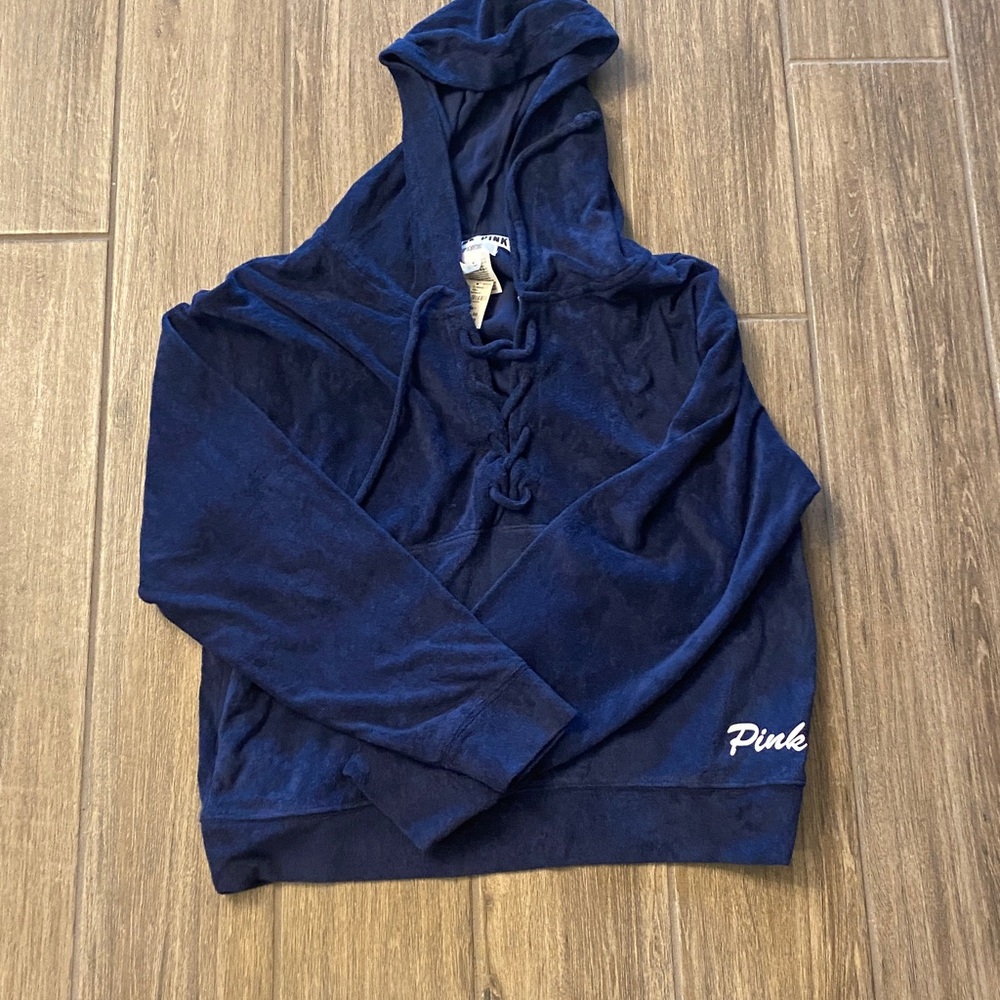 Victoria Secretly Pink Blue terry cloth Hooded Pullover